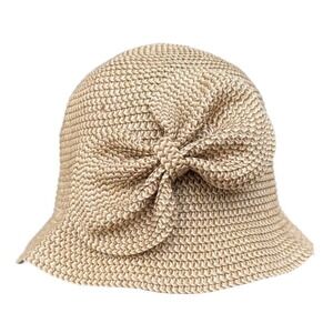 D&Y Tan Woven Paper Straw Cloche Hat with Side Bow Detail Vintage Style Sun Hat